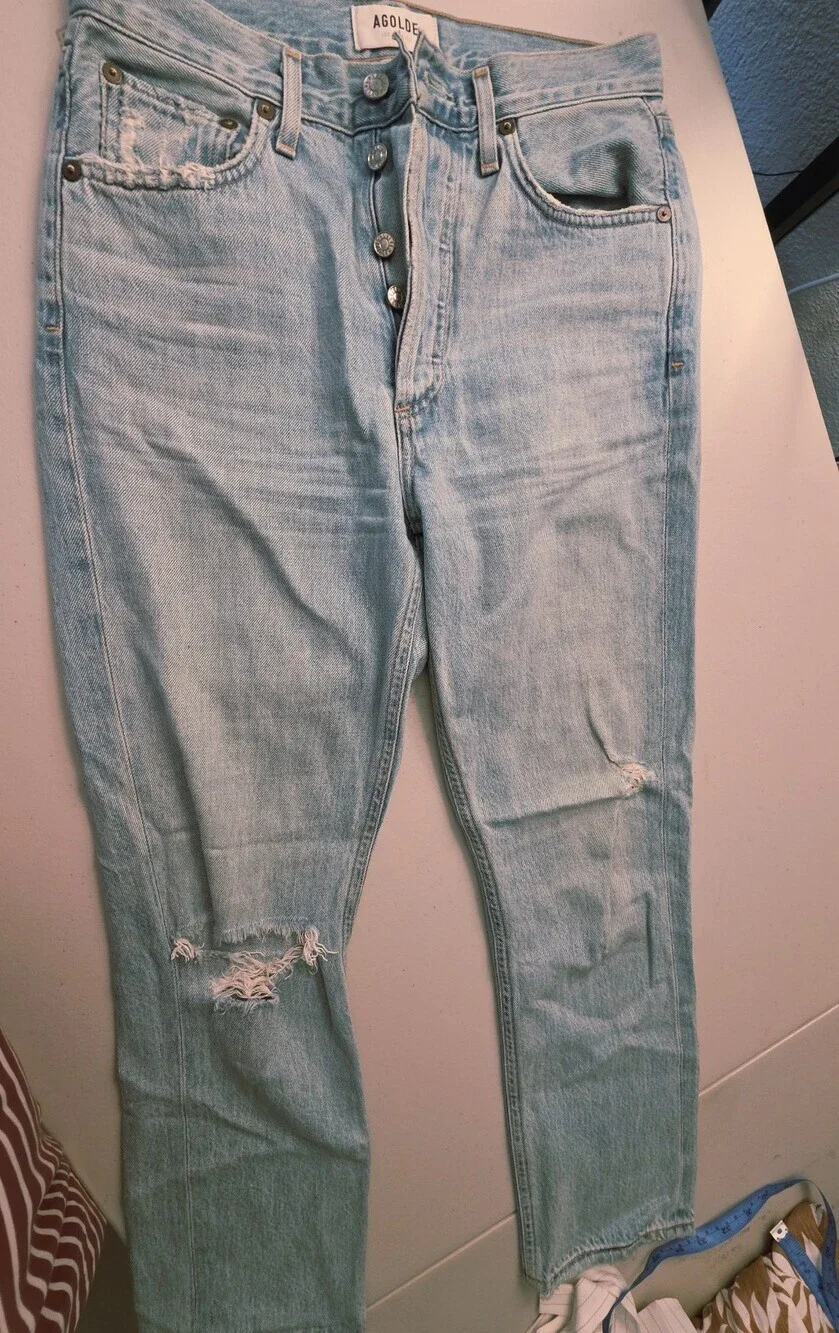 AGOLDE Light Blue High-Rise Straight-Leg Jeans with Knee Distress